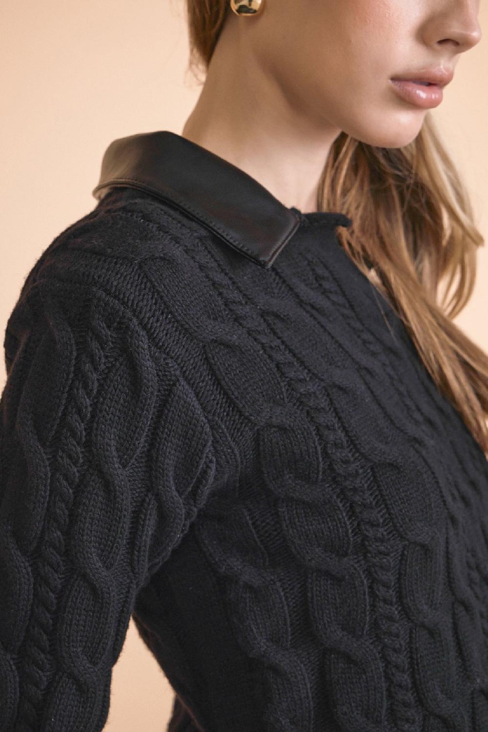 Endless Rose Faux Leather Cable Knit Sweater BLACK