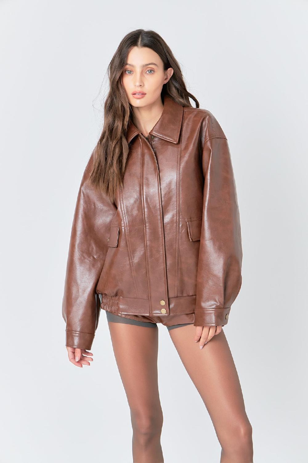 Endless Rose Faux Leather Collared Jacket BROWN