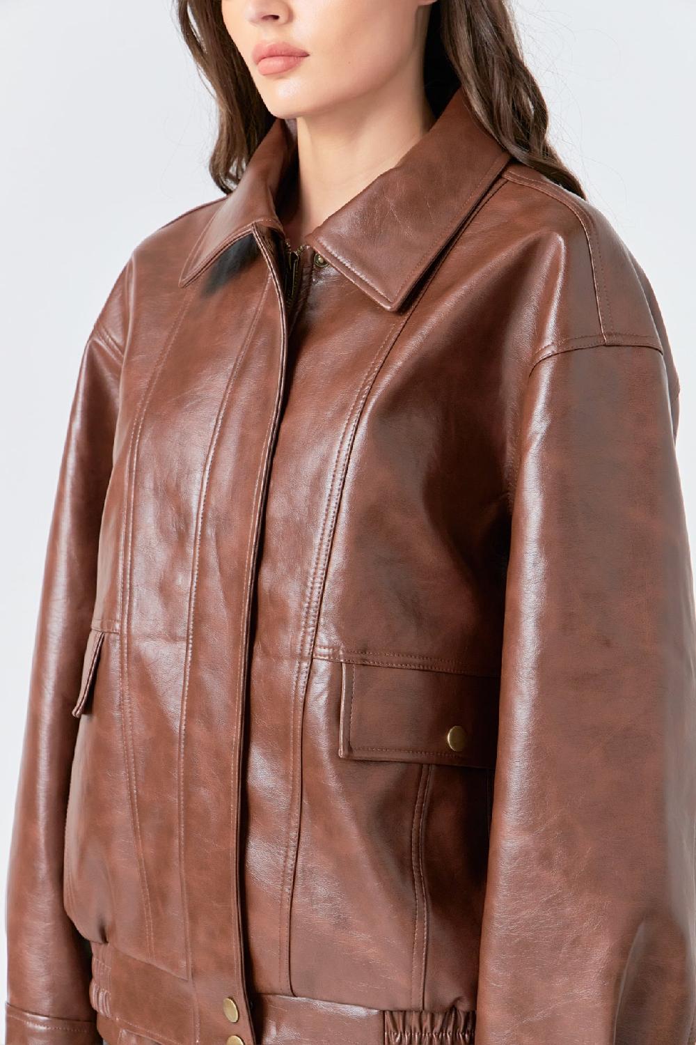 Endless Rose Faux Leather Collared Jacket BROWN