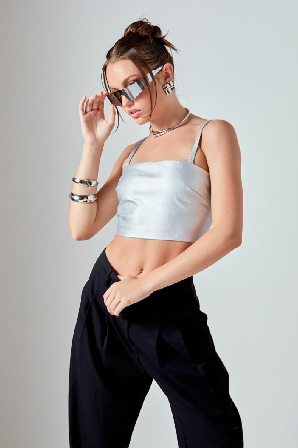 endless rose Faux Leather Crop Top SILVER