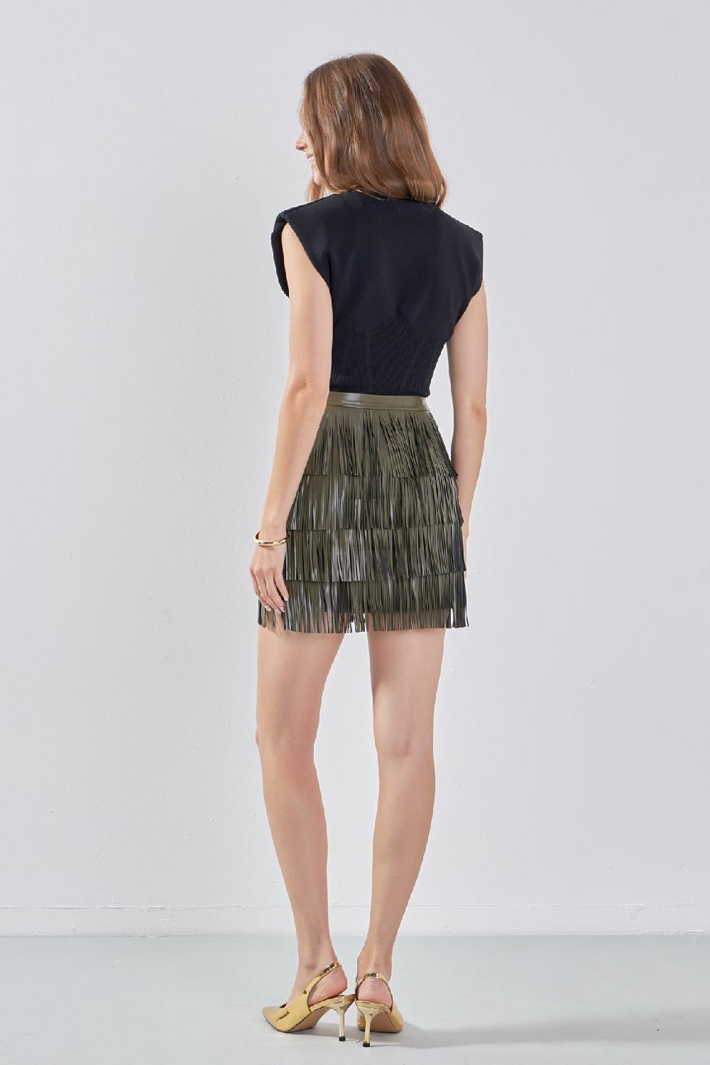 Endless Rose Faux Leather Fringe Mini Skirt OLIVE
