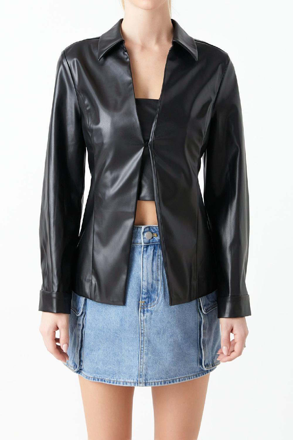 Endless Rose Faux Leather Jacket Set BLACK