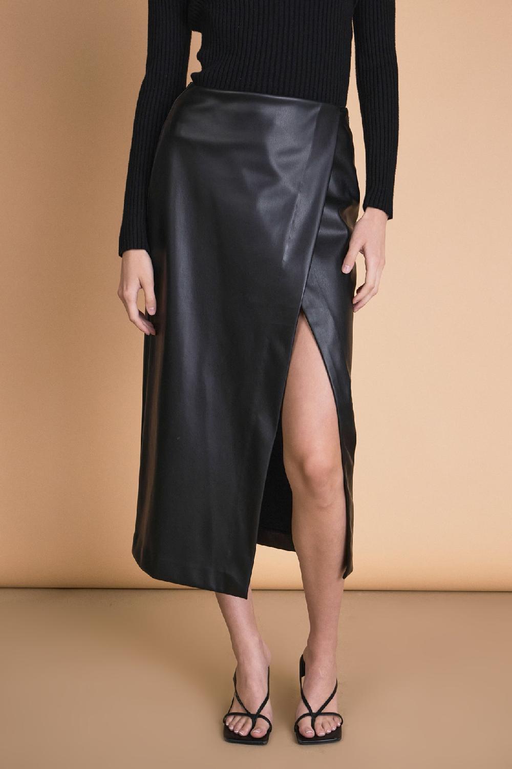 Endless Rose Faux Leather Midi Skirt BLACK