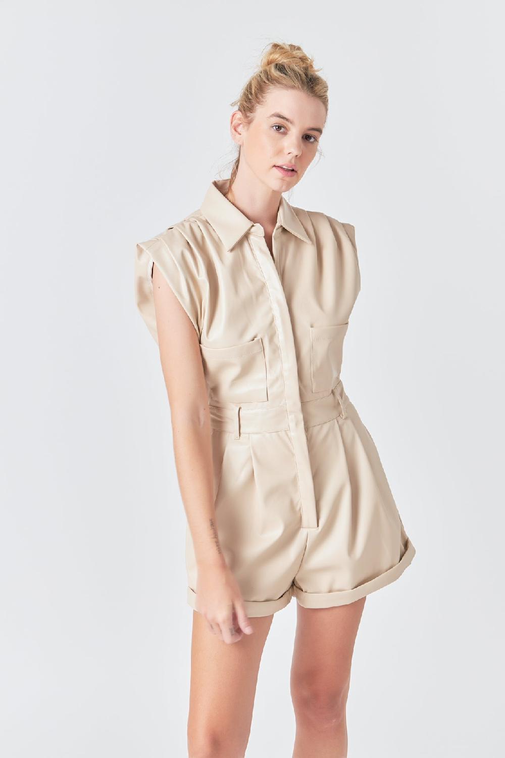 Endless Rose Faux Leather Romper BEIGE
