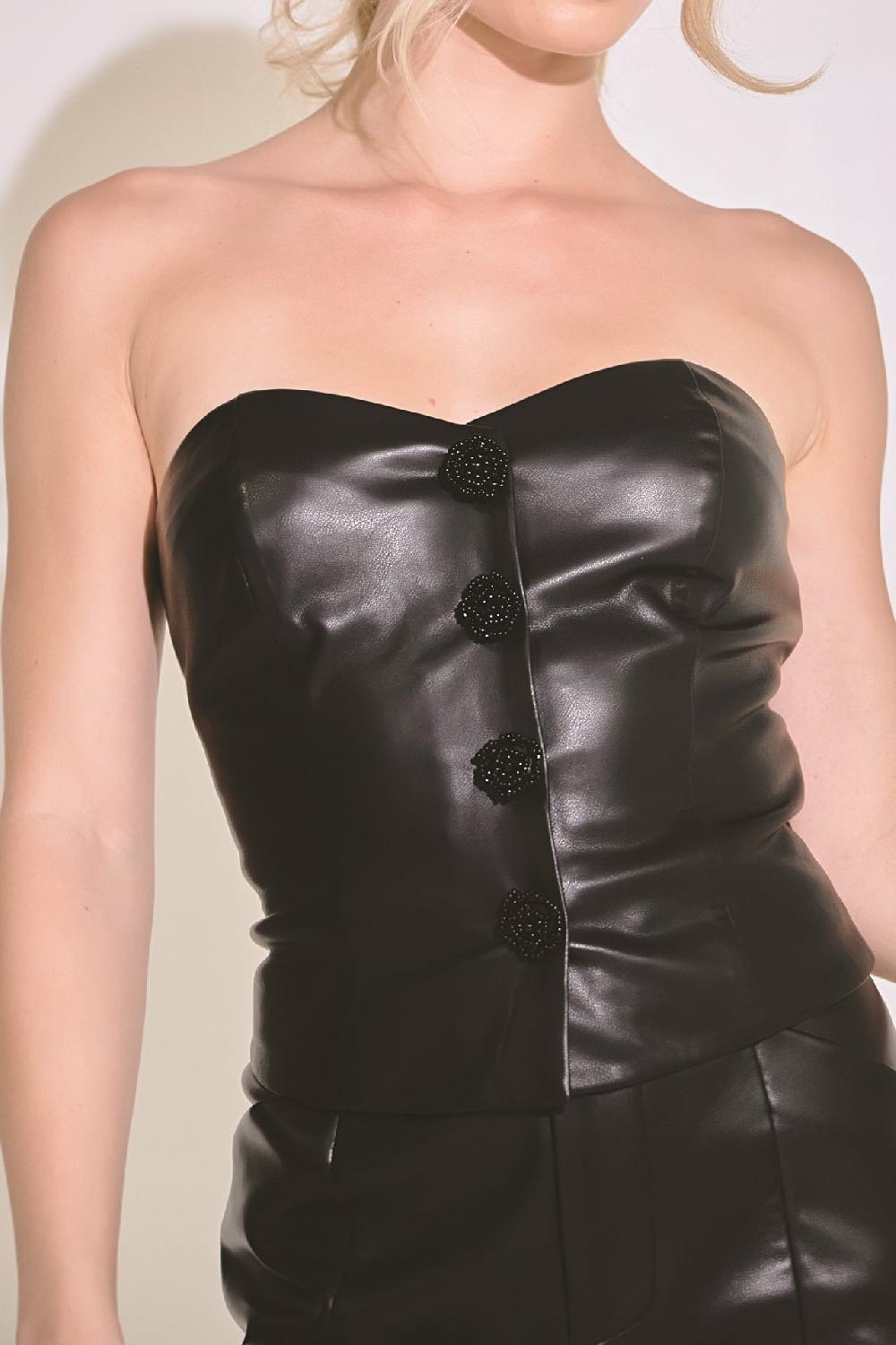 Endless Rose Faux Leather Strapless Top BLACK