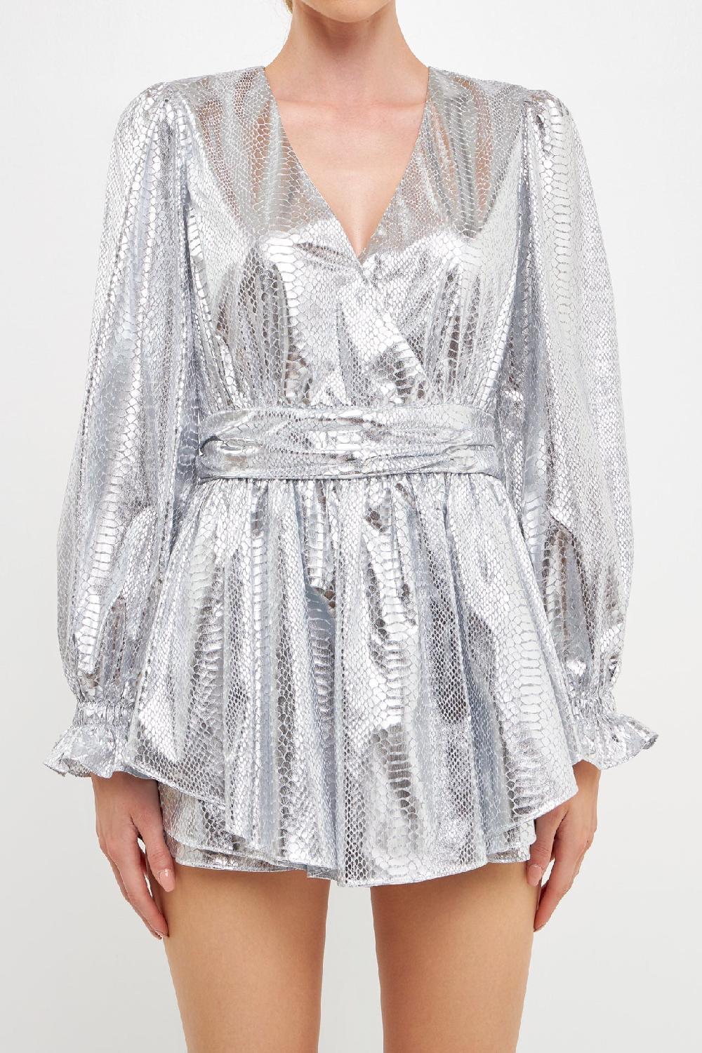 Endless Rose Faux Snakeskin Shorts Romper SILVER