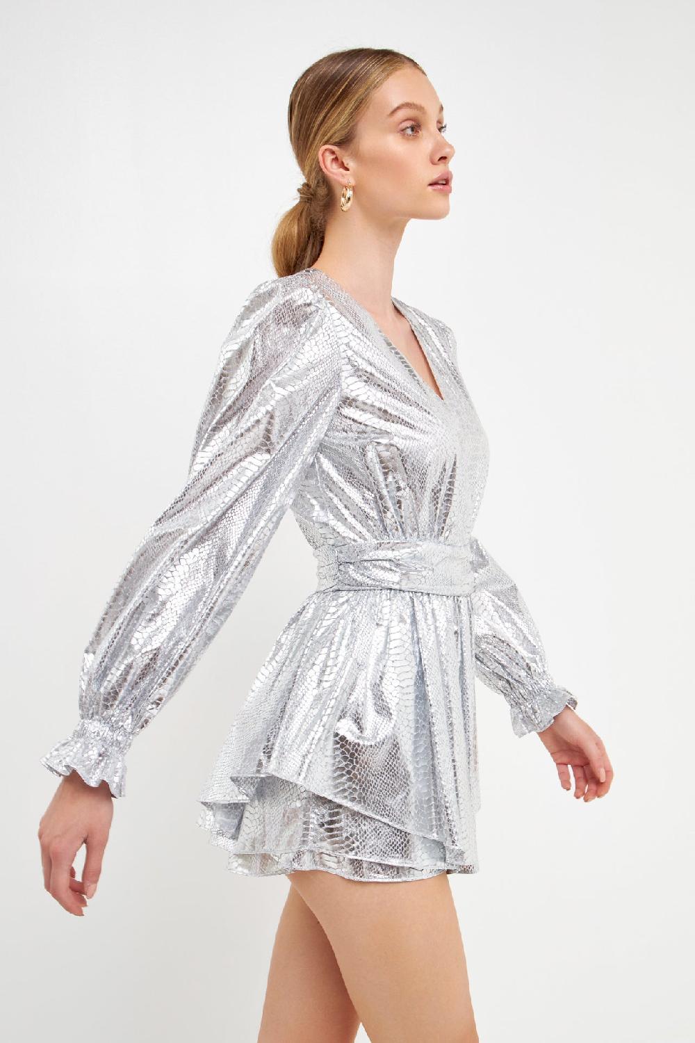 Endless Rose Faux Snakeskin Shorts Romper SILVER
