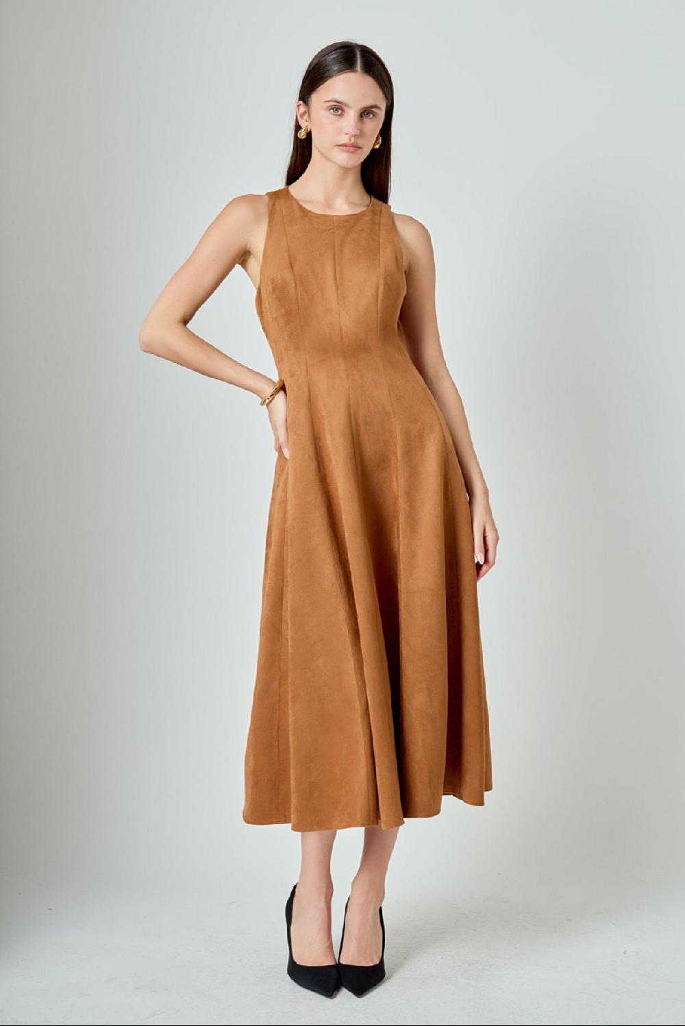 endless rose Faux Suede Midi Dress CAMEL