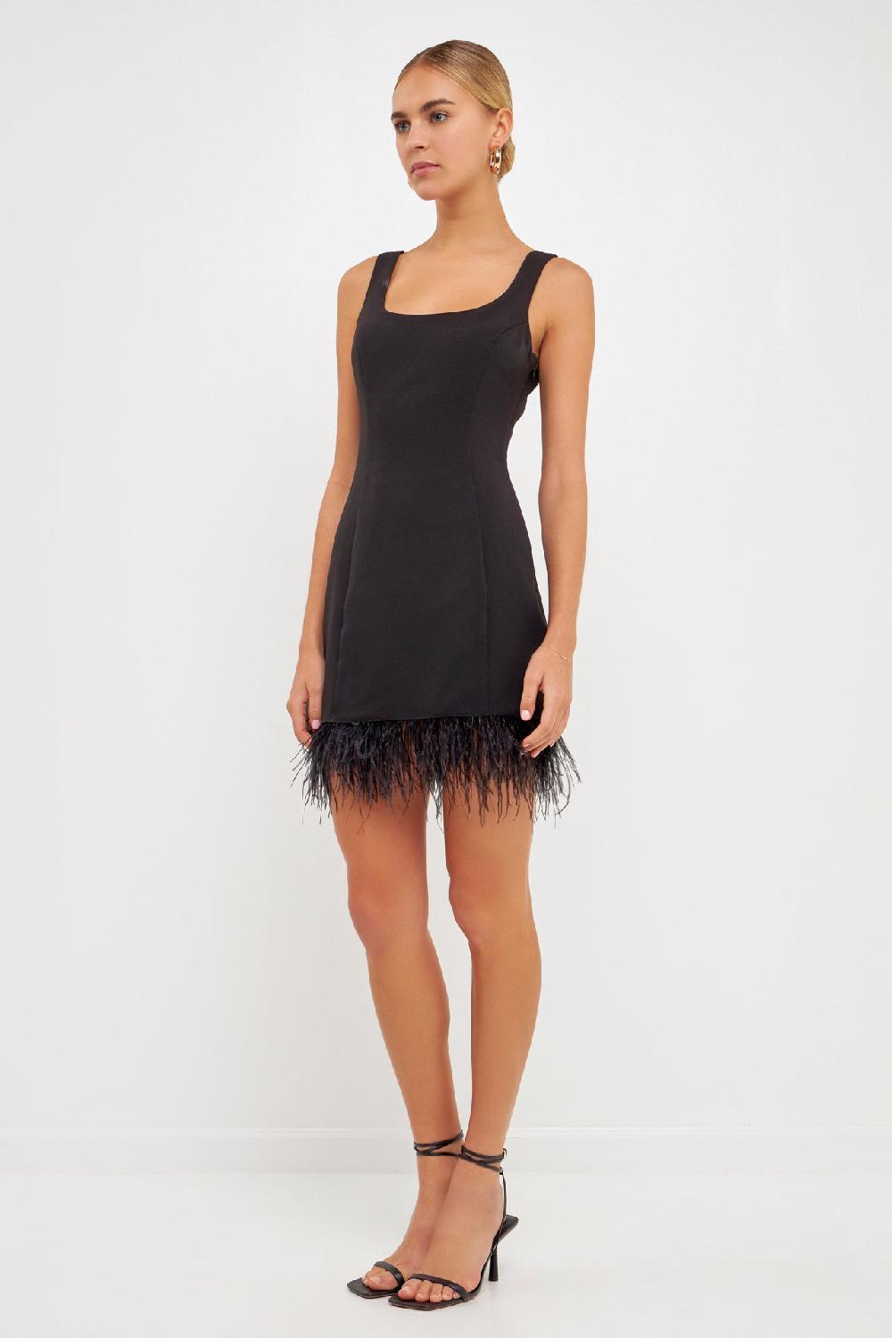Endless Rose Feather Trim Mini Dress BLACK