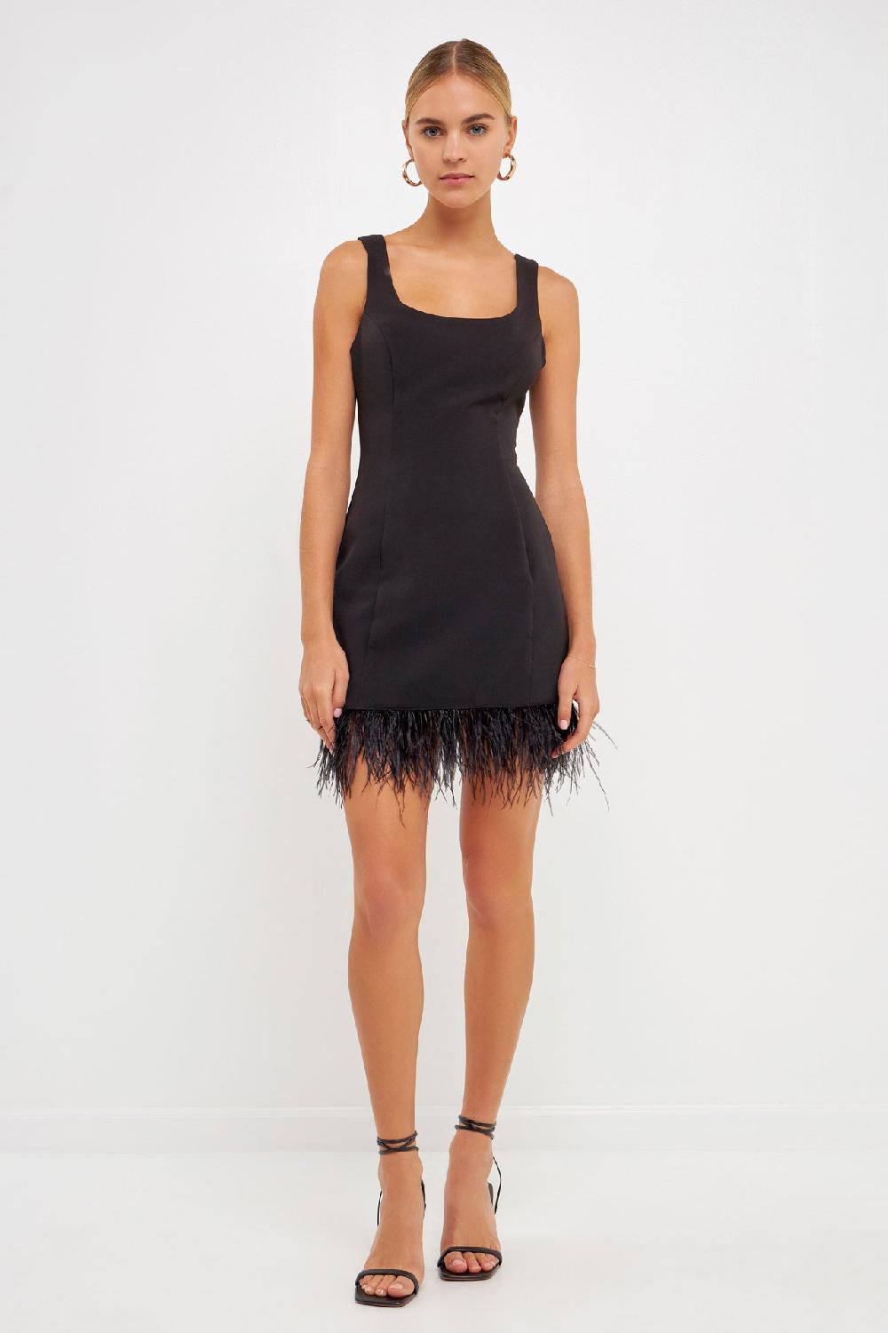 endless rose Feather Trim Mini Dress BLACK