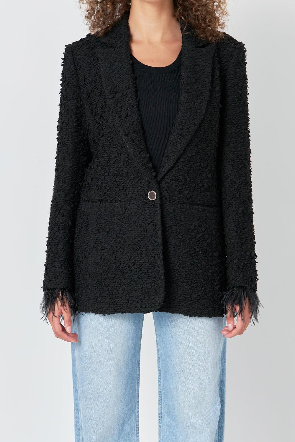 Endless Rose Feather-Trimmed Tweed Blazer BLACK