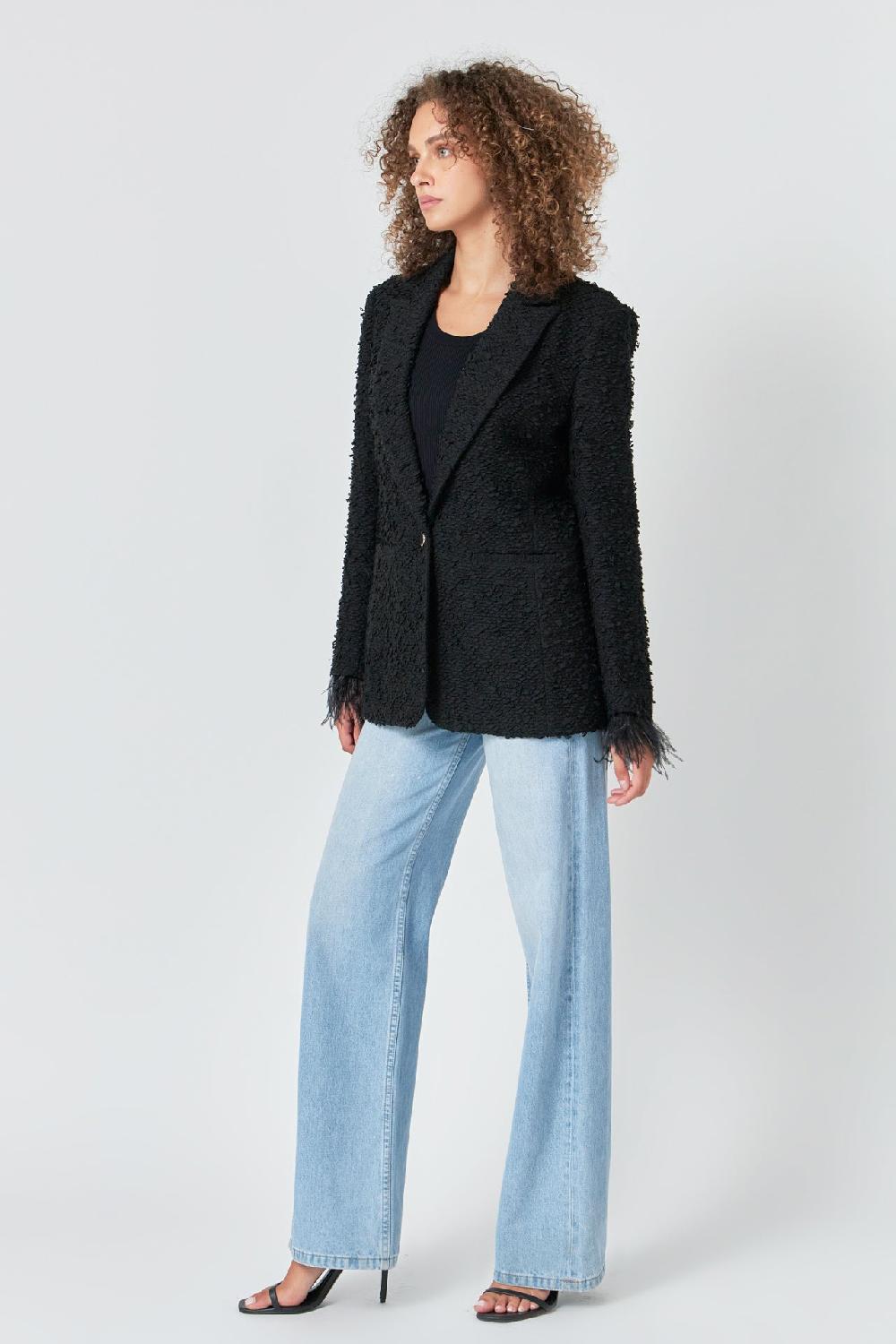 Endless Rose Feather-Trimmed Tweed Blazer BLACK