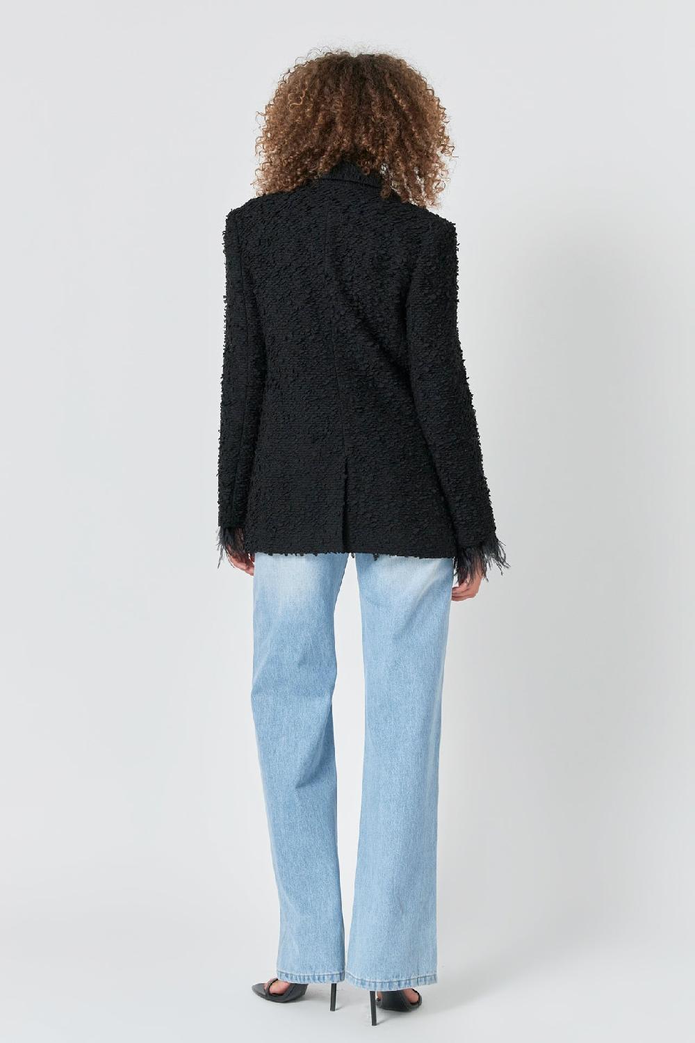 Endless Rose Feather-Trimmed Tweed Blazer BLACK