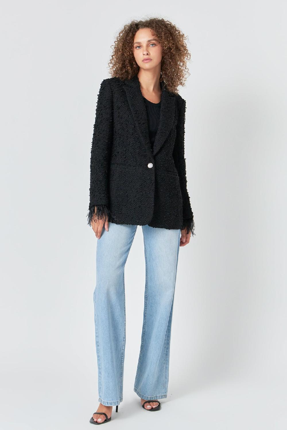 endless rose Feather-Trimmed Tweed Blazer BLACK