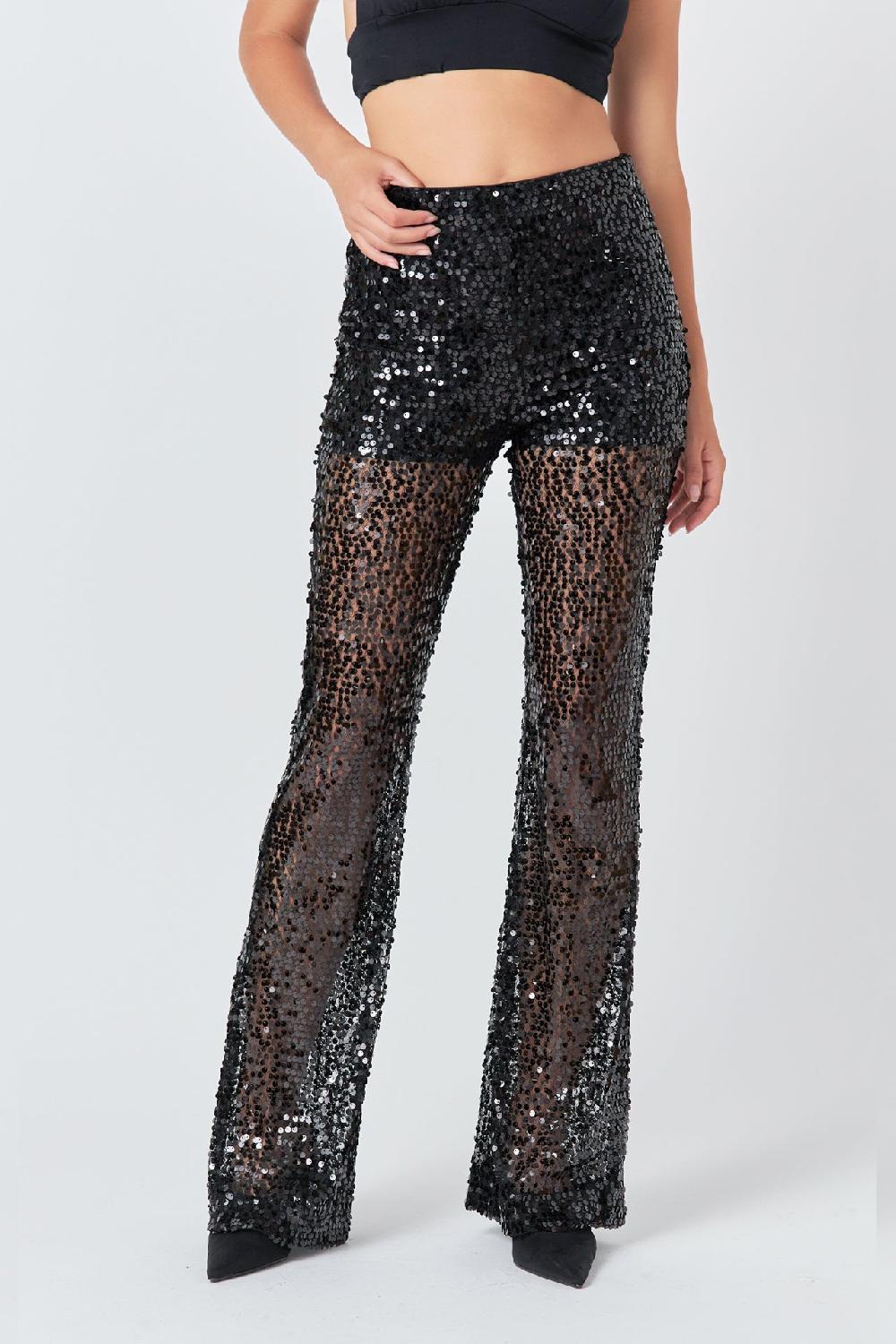 Endless Rose Flared Sequins Pants BLACK