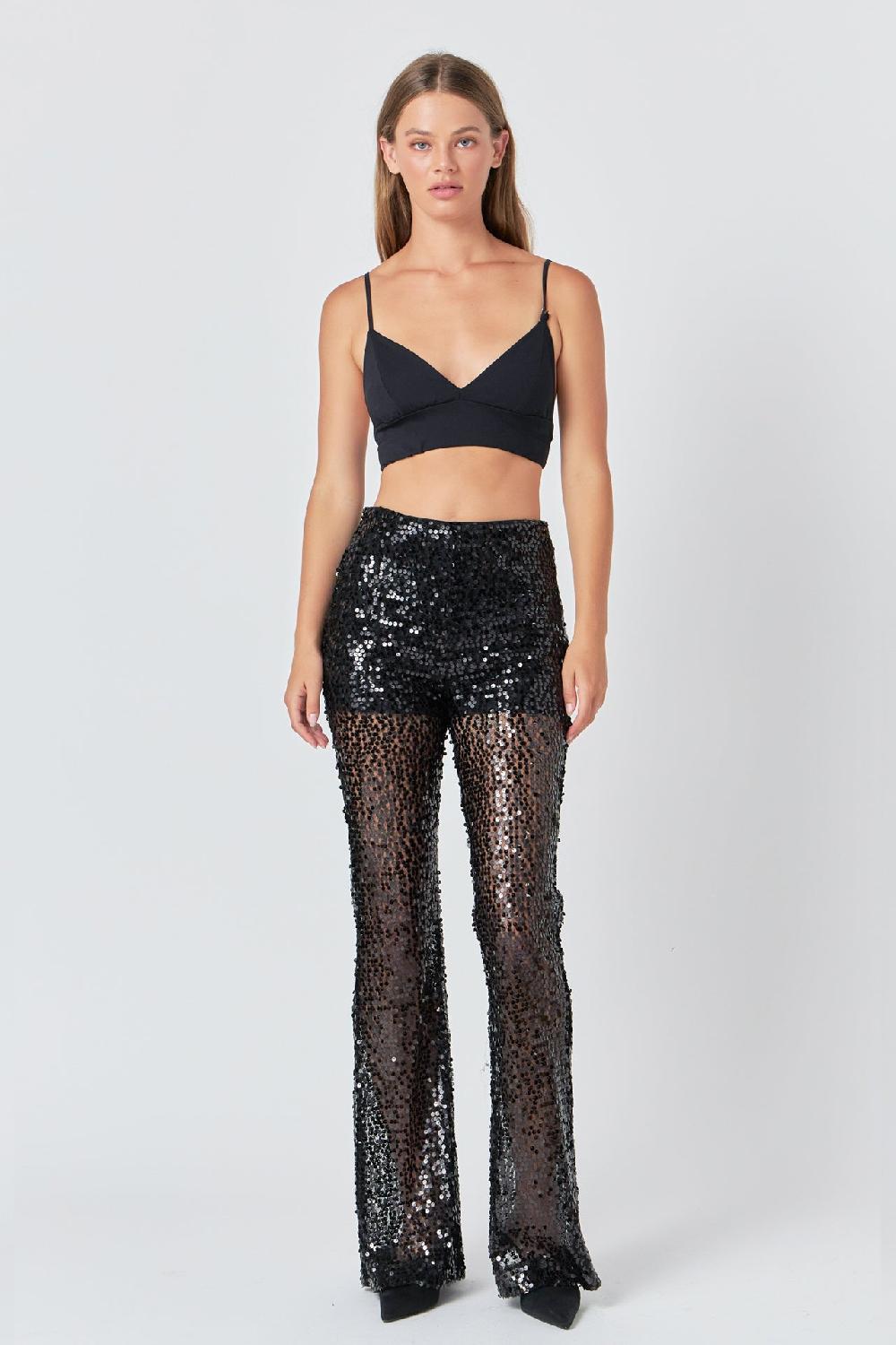 endless rose Flared Sequins Pants BLACK