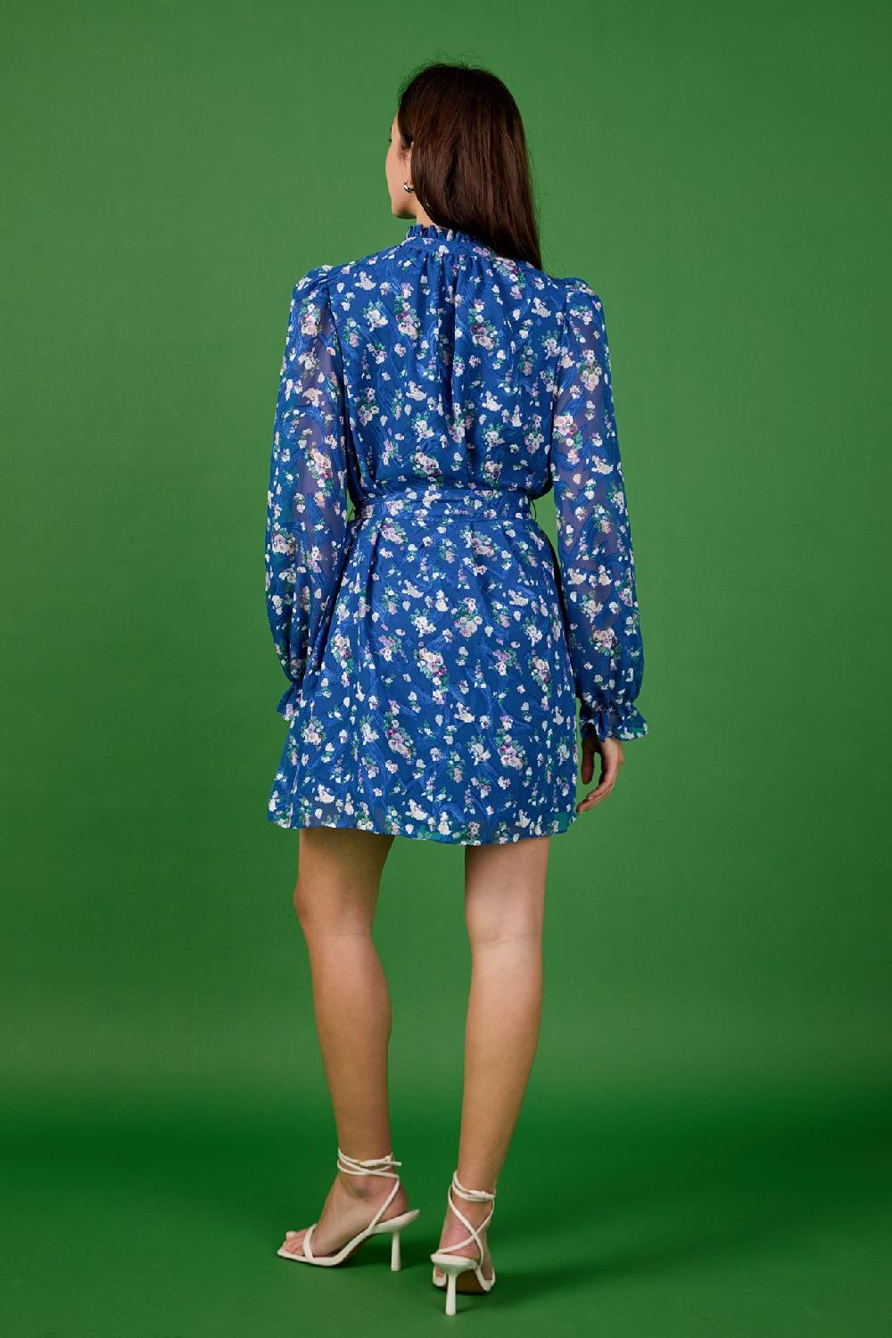 Endless Rose Floral Chiffon Belted Mini Dress BLUE