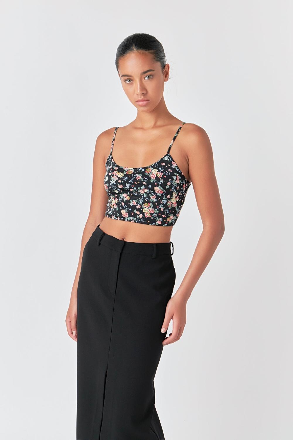 endless rose Floral Cropped Tank BLACK MULTI