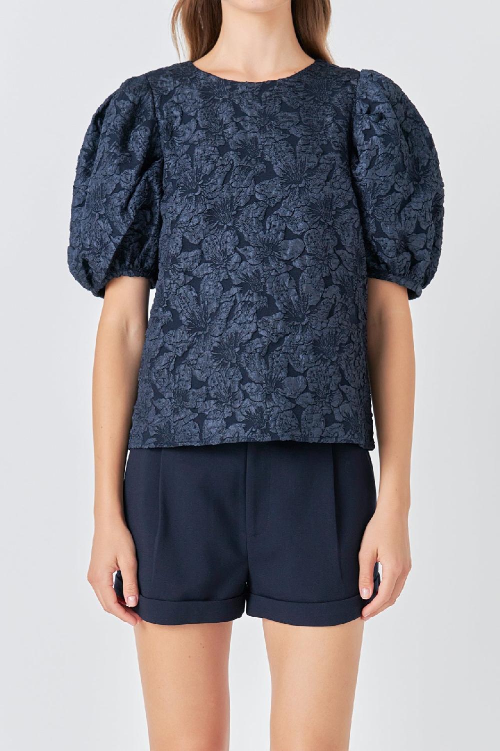 Endless Rose Floral Jacquard Puff Sleeve Top NAVY
