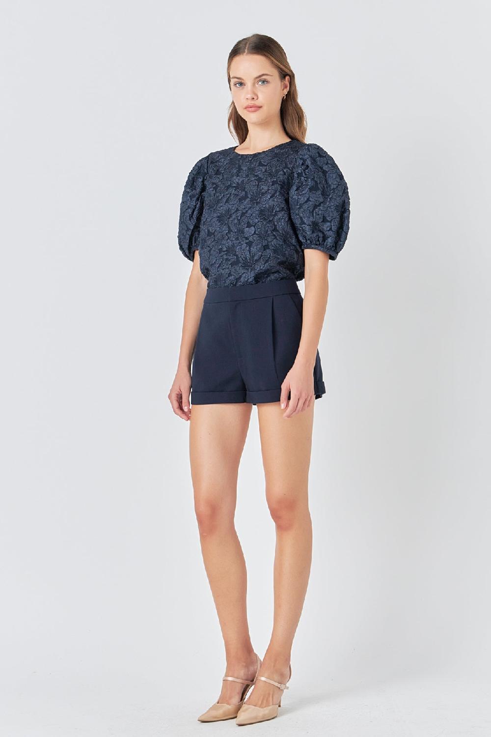 Endless Rose Floral Jacquard Puff Sleeve Top NAVY
