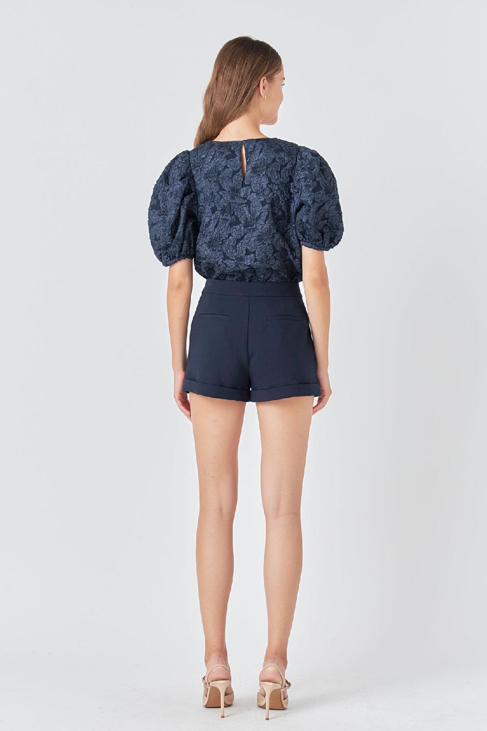 Endless Rose Floral Jacquard Puff Sleeve Top NAVY