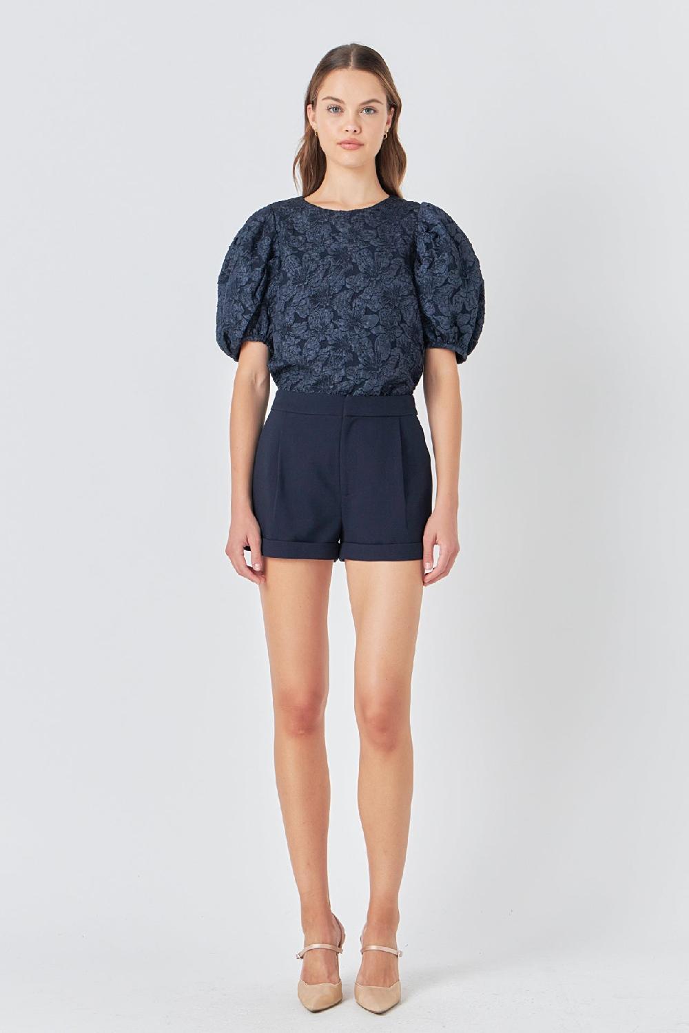 endless rose Floral Jacquard Puff Sleeve Top NAVY