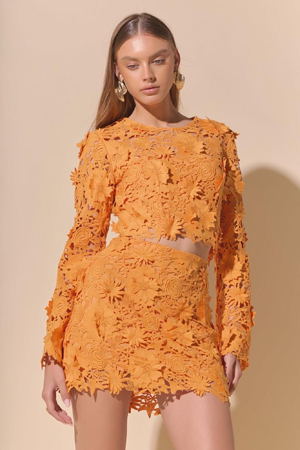 endless rose Floral Lace Long Sleeve Top ORANGE