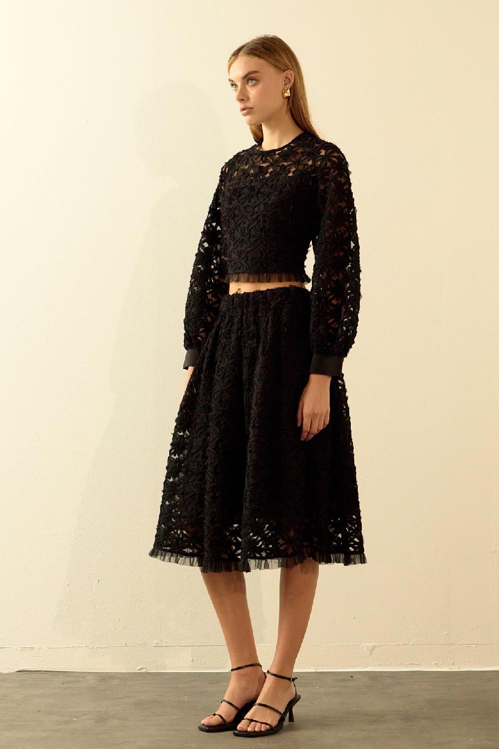Endless Rose Floral Lace Midi Skirt BLACK