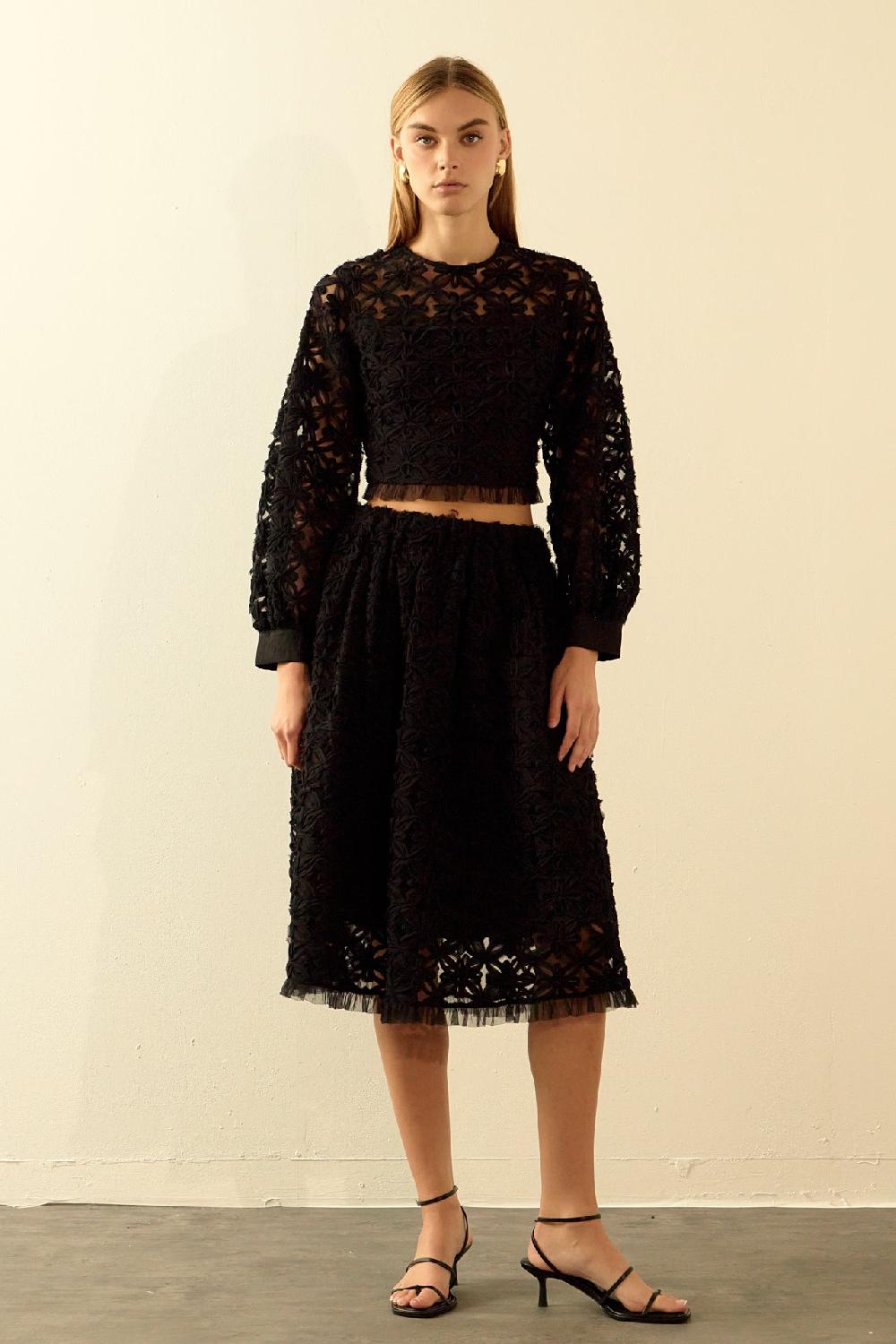 endless rose Floral Lace Midi Skirt BLACK