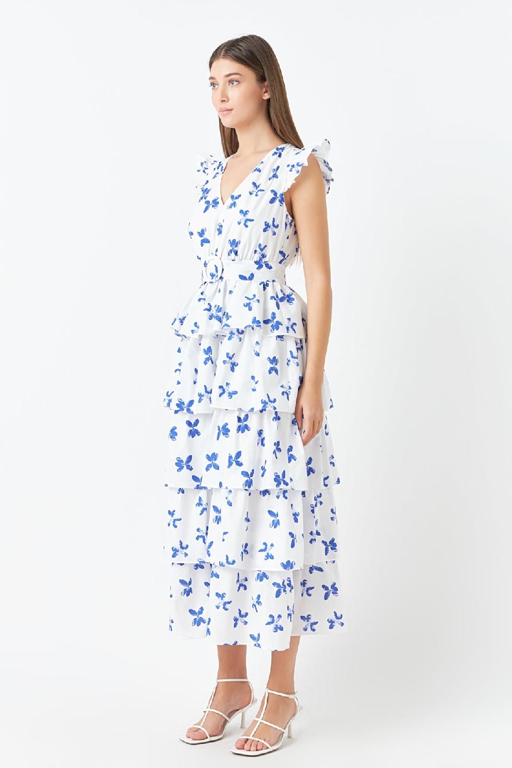 Endless Rose Floral Layered Long Dress WHITE/BLUE