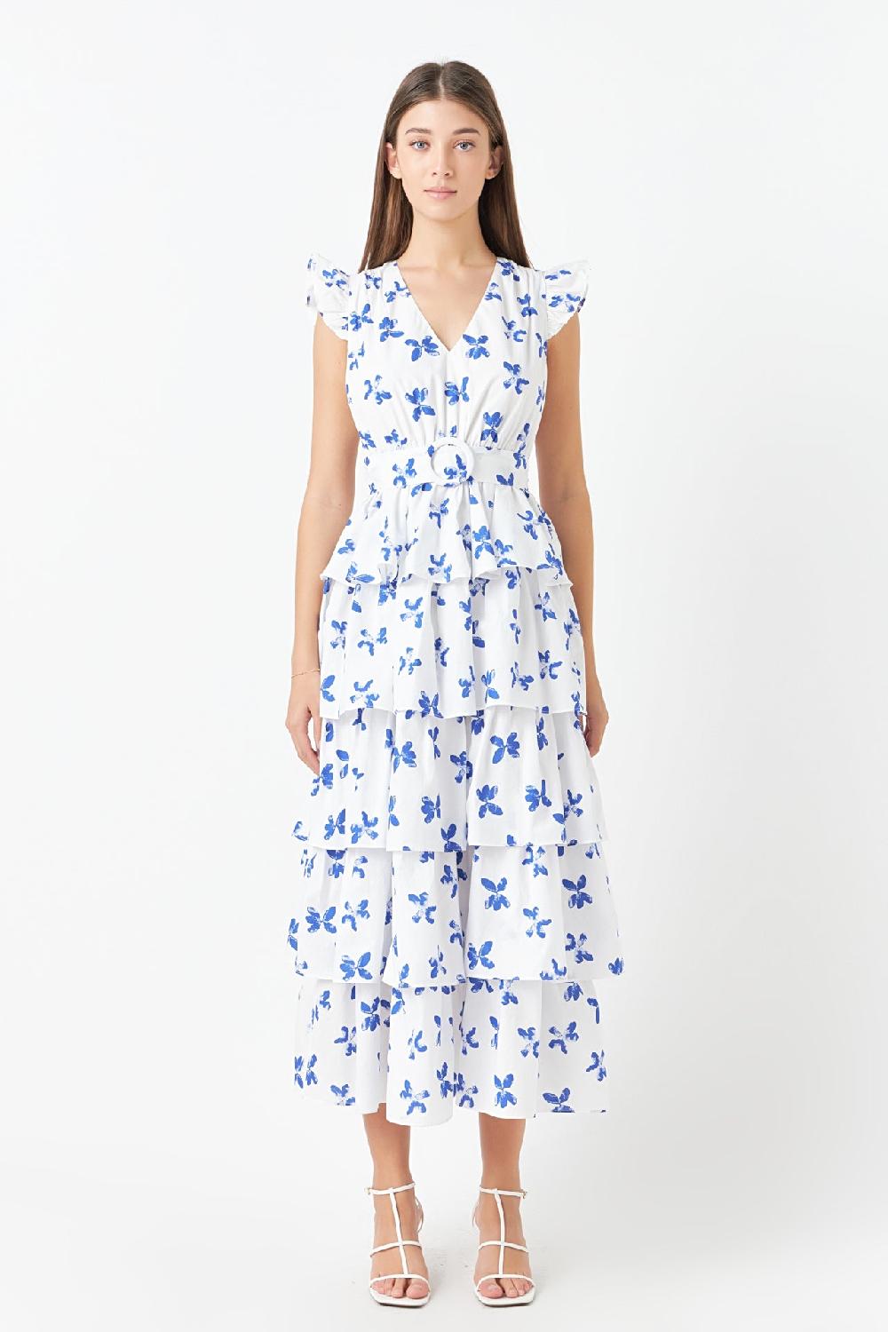 endless rose Floral Layered Long Dress WHITE/BLUE