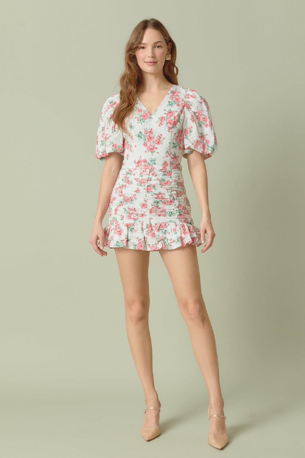 endless rose Floral Linen Puff Sleeve Top IVORY