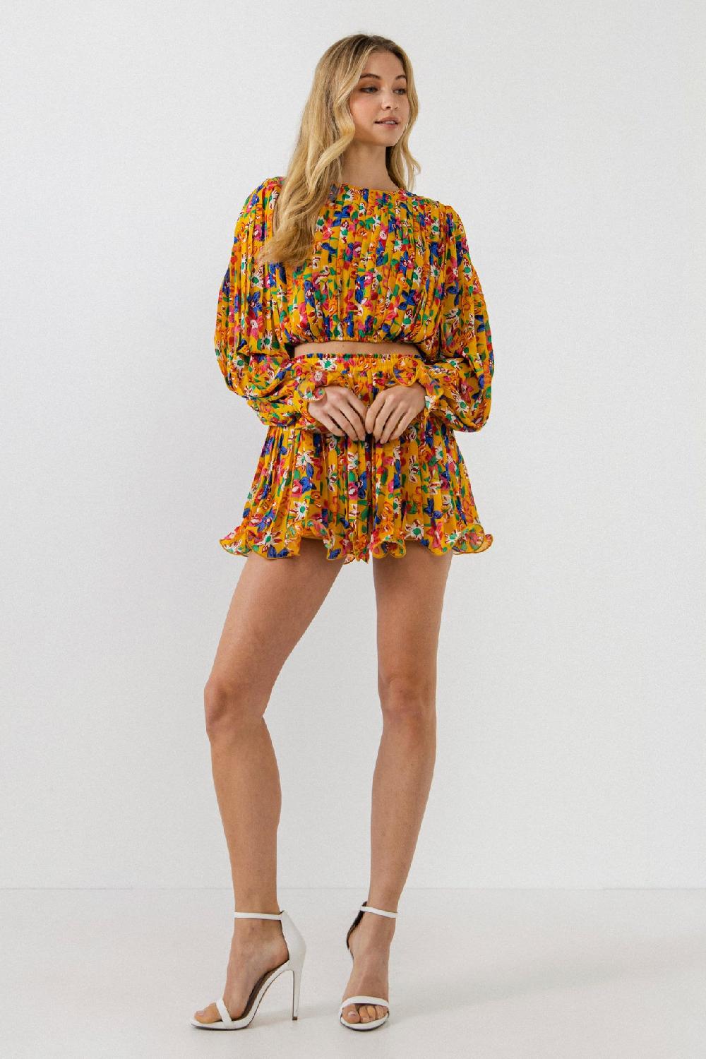 endless rose Floral Pleated Mini Skirt YELLOW