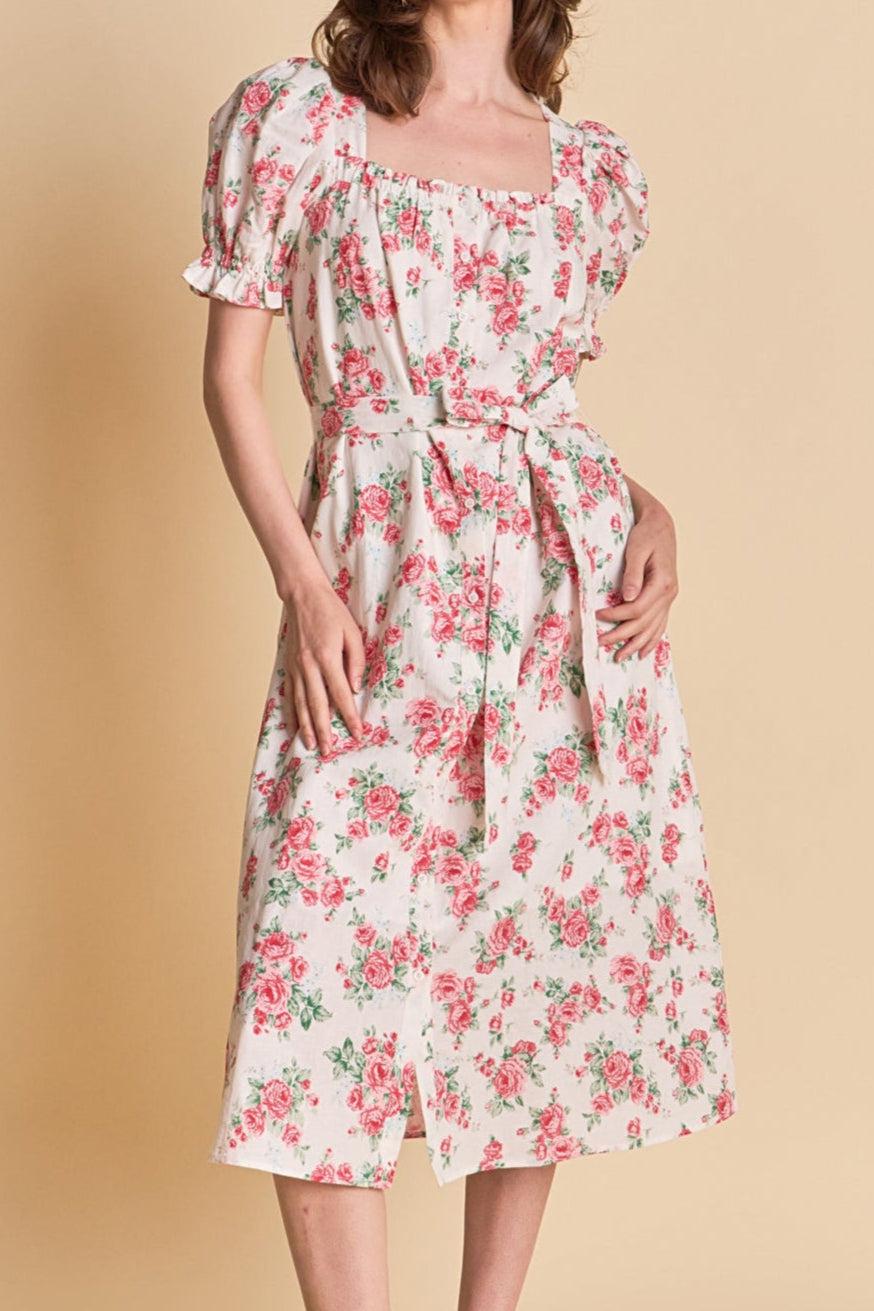 Endless Rose Floral Print Linen Midi Dress IVORY