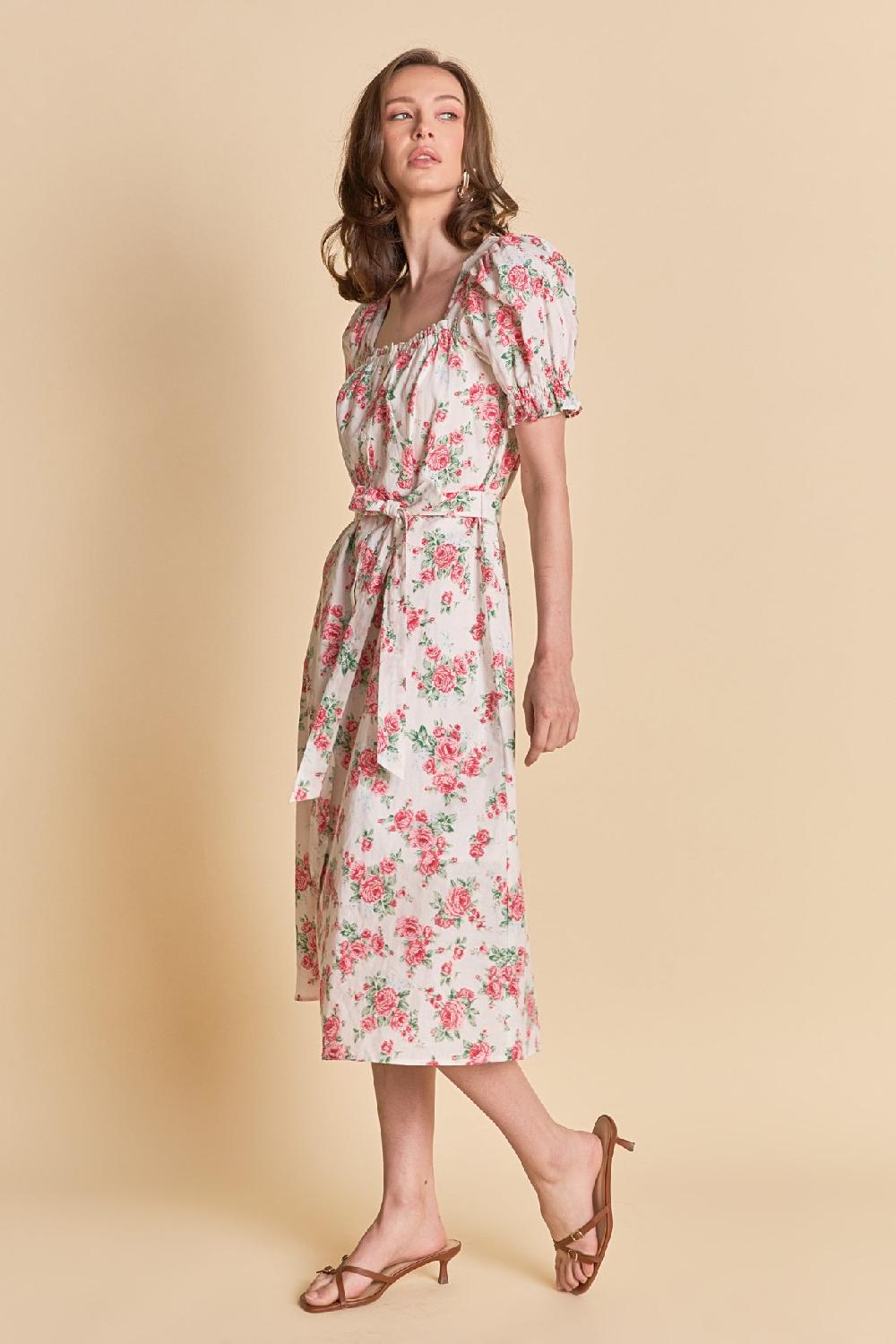 Endless Rose Floral Print Linen Midi Dress IVORY