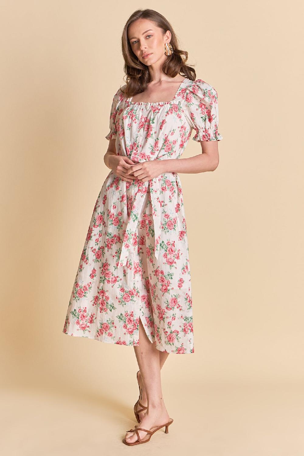 endless rose Floral Print Linen Midi Dress IVORY