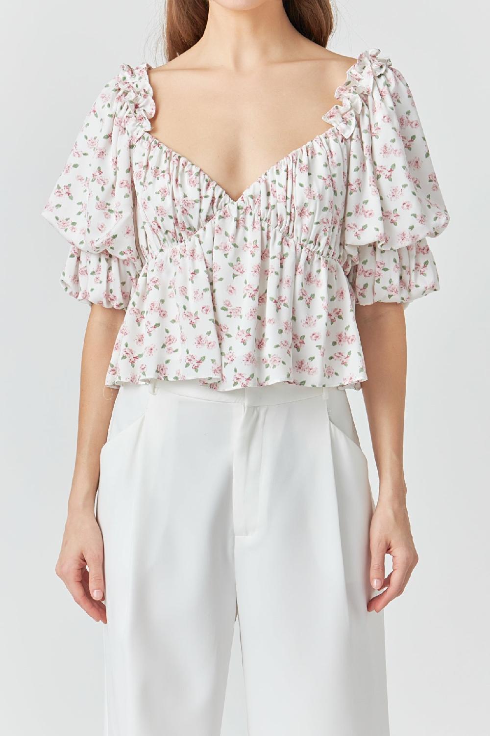 Endless Rose Floral Print Satin Top IVORY/PINK