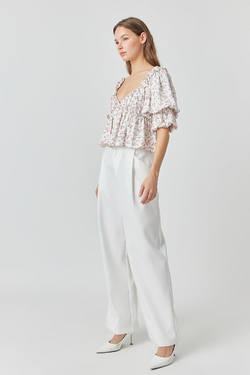 Endless Rose Floral Print Satin Top IVORY/PINK