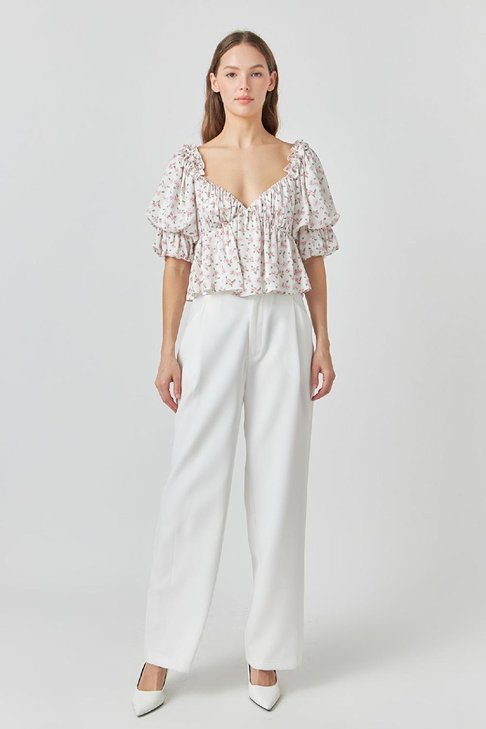 endless rose Floral Print Satin Top IVORY/PINK