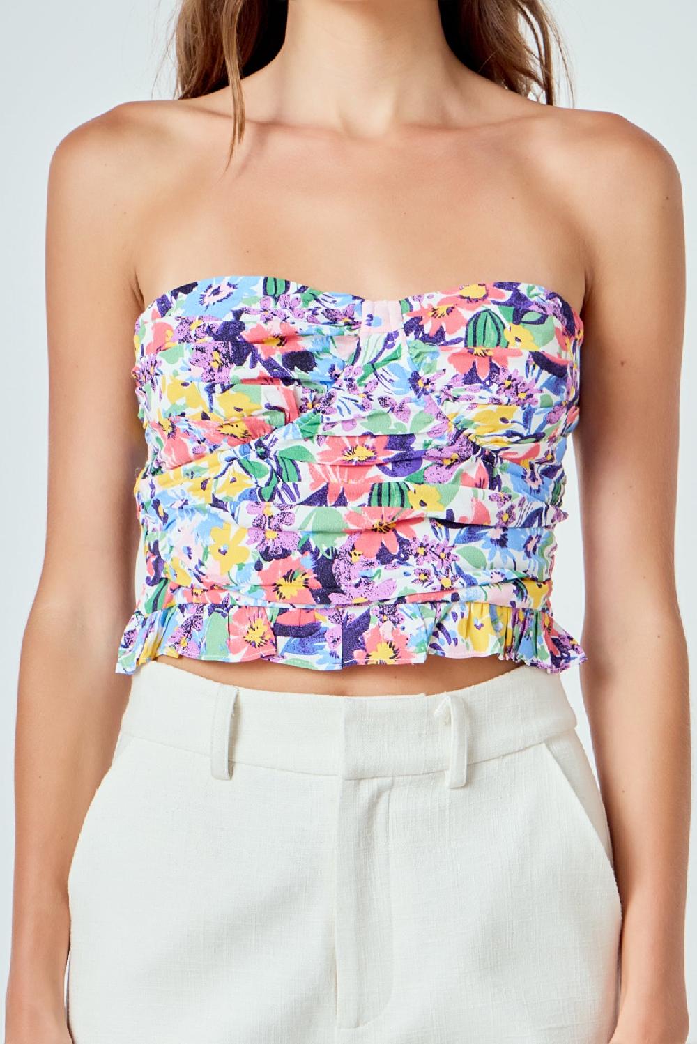 Endless Rose Floral Ruched Strapless Top MULTI