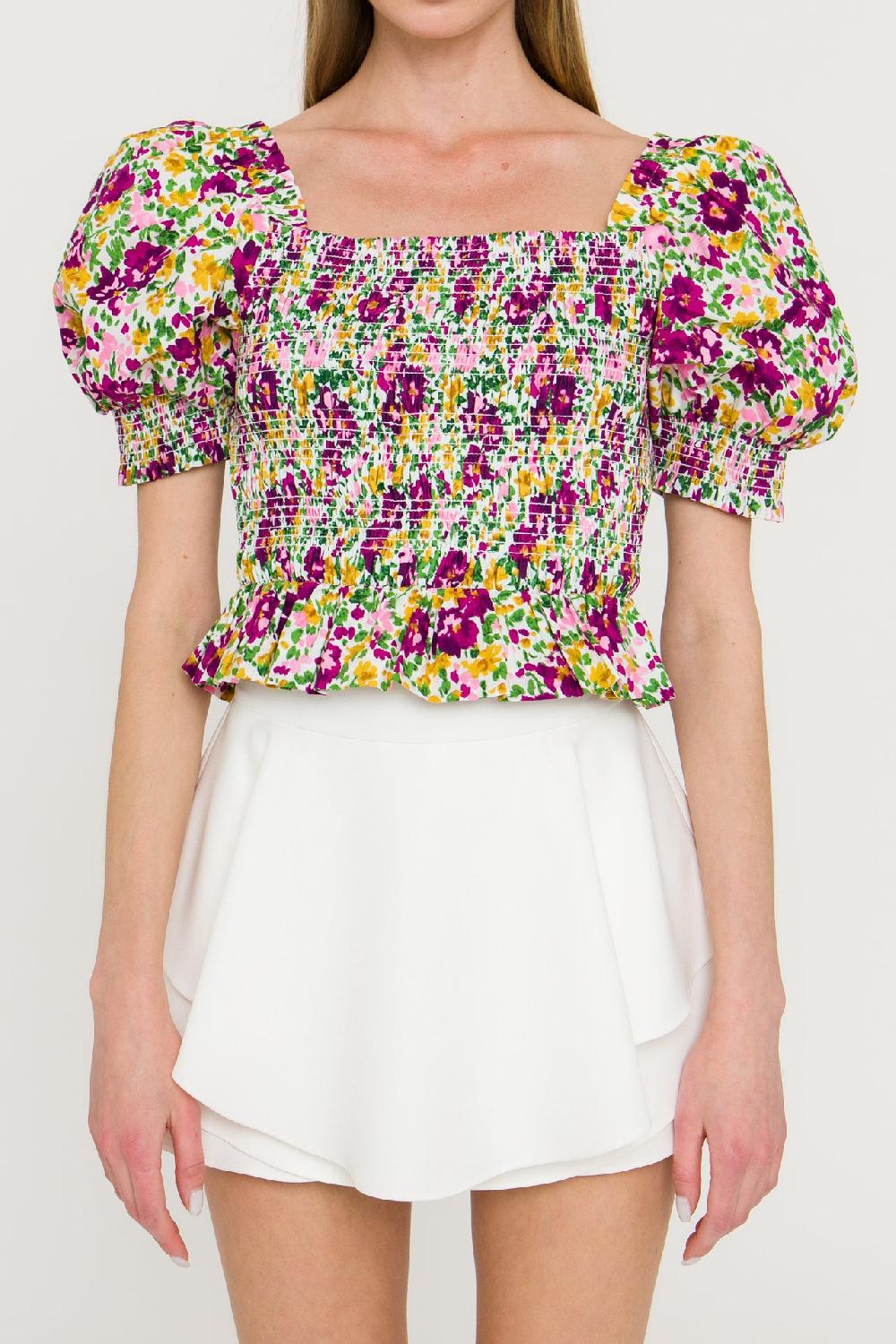 Endless Rose Floral Smocked Top WHITE MULTI