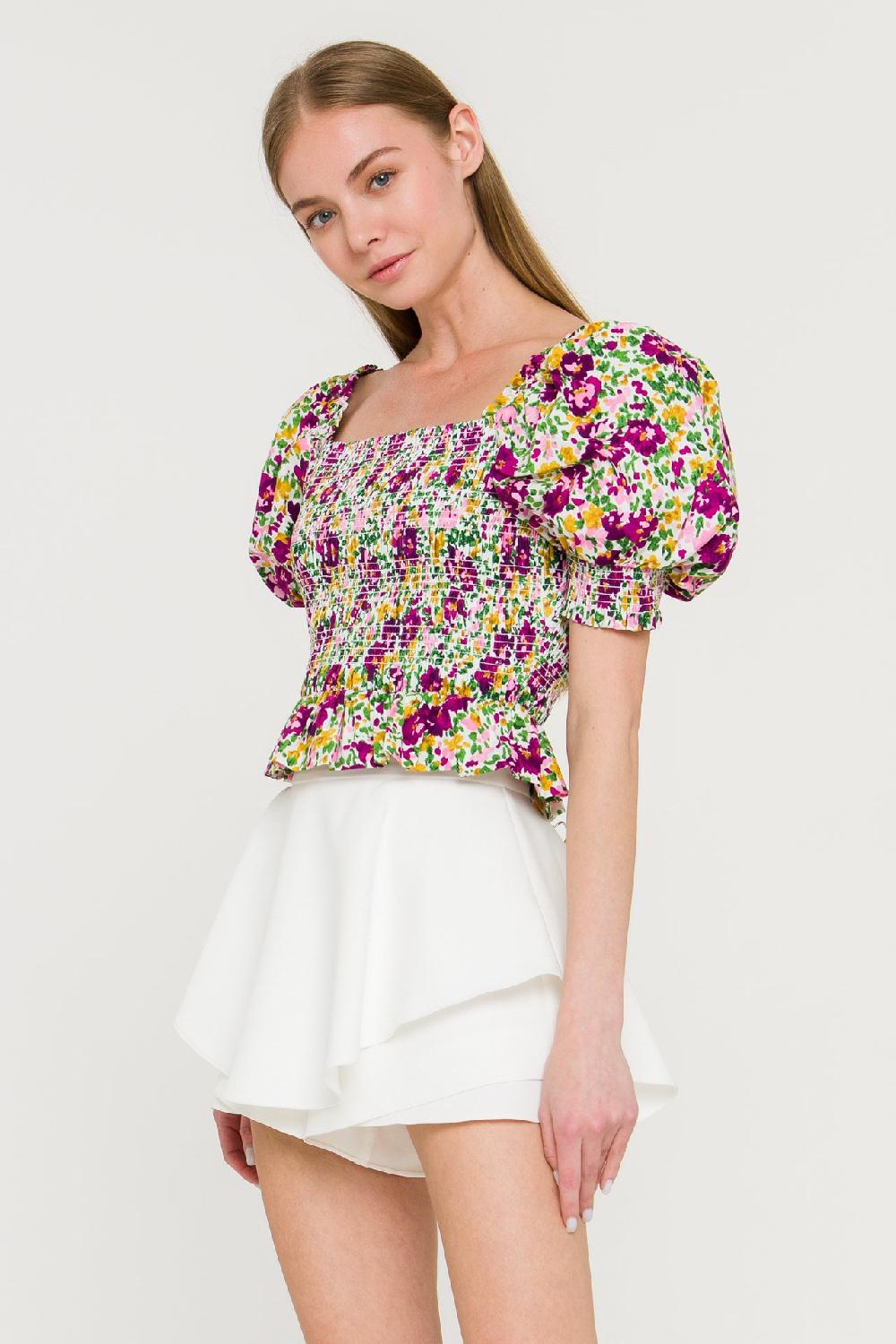 Endless Rose Floral Smocked Top WHITE MULTI