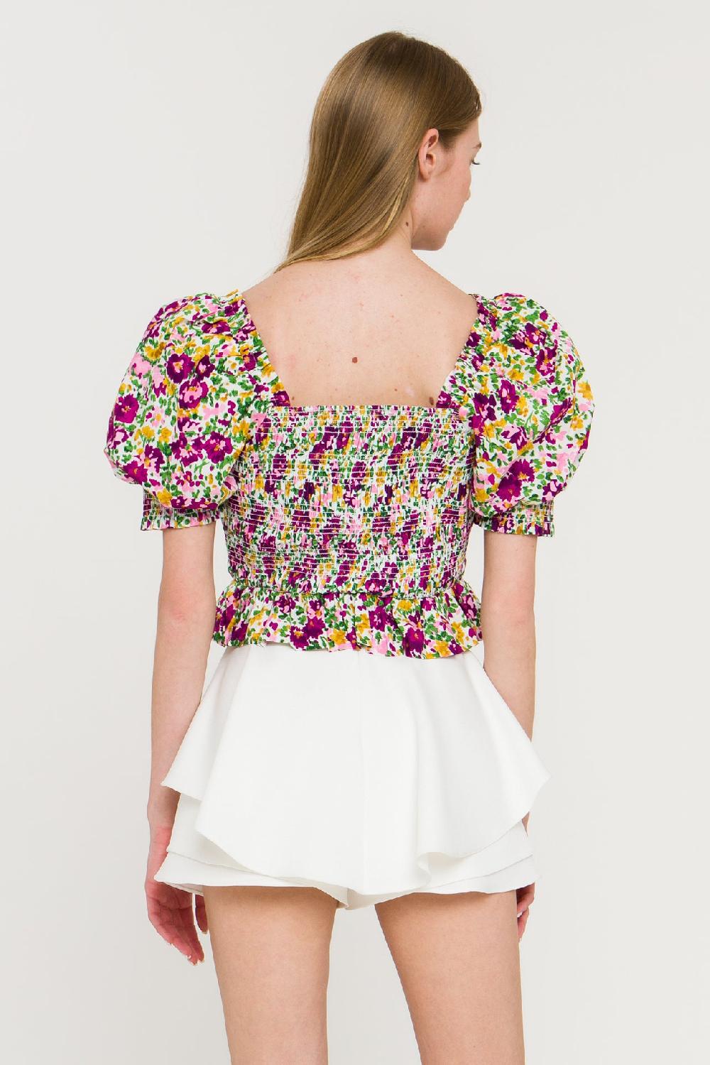 Endless Rose Floral Smocked Top WHITE MULTI