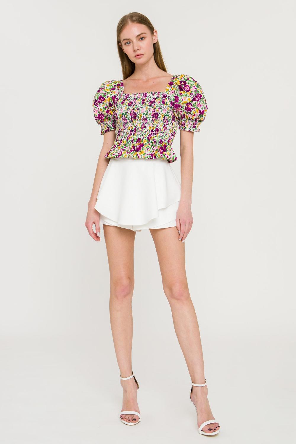 endless rose Floral Smocked Top WHITE MULTI