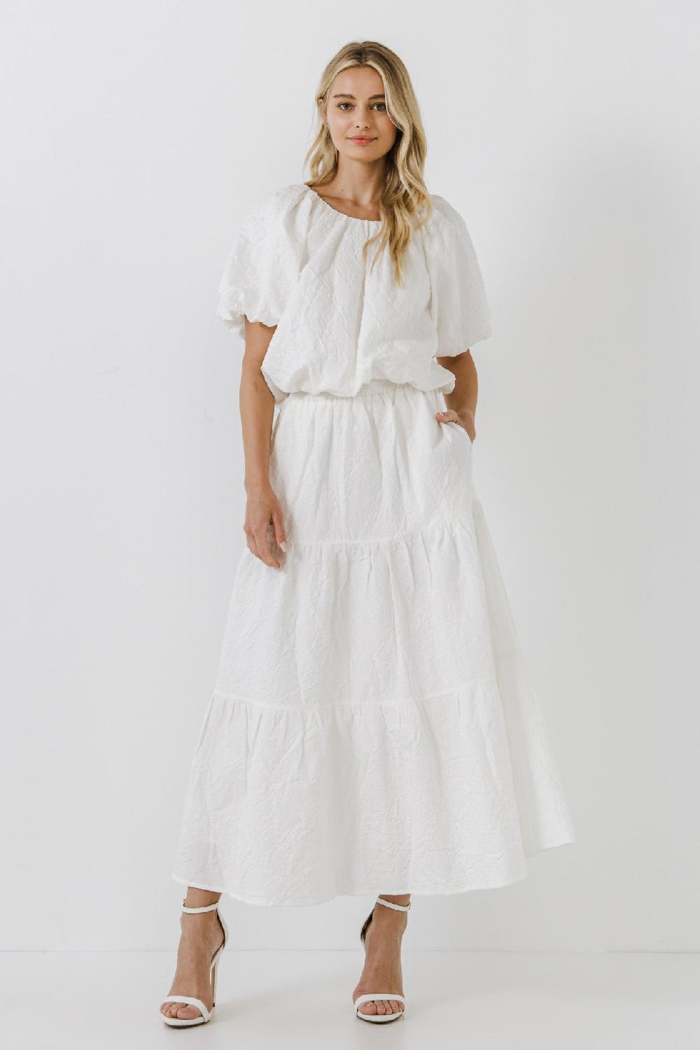 endless rose Floral Textured Maxi Skirt WHITE