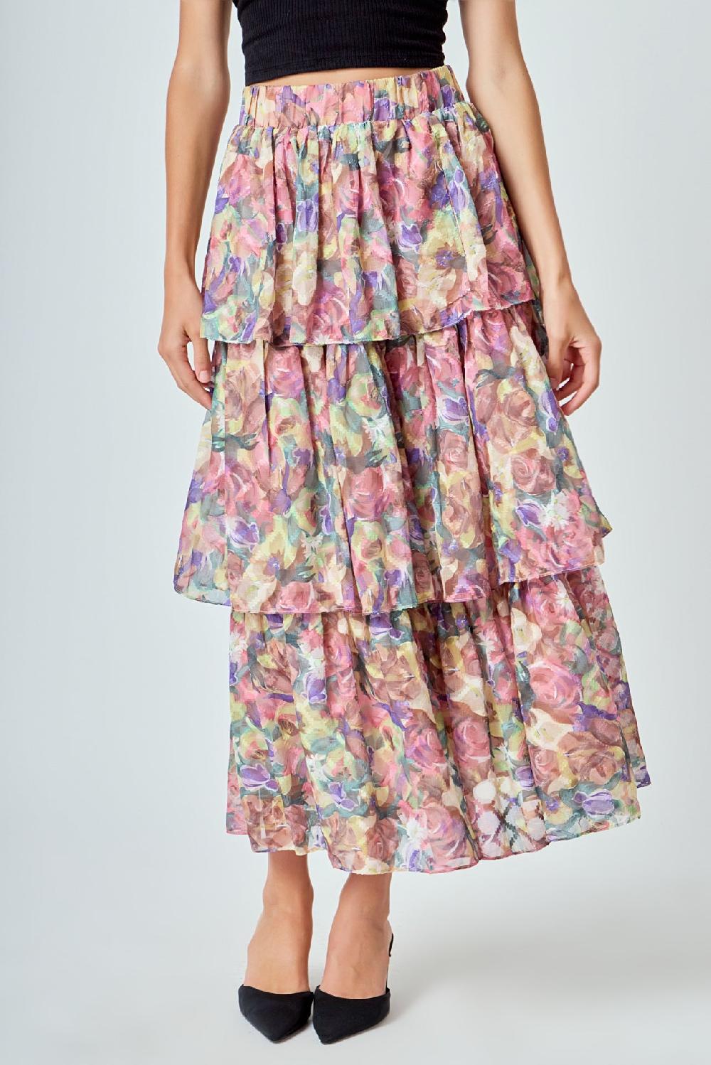 Endless Rose Floral Tiered Maxi Skirt YELLOW MULTI