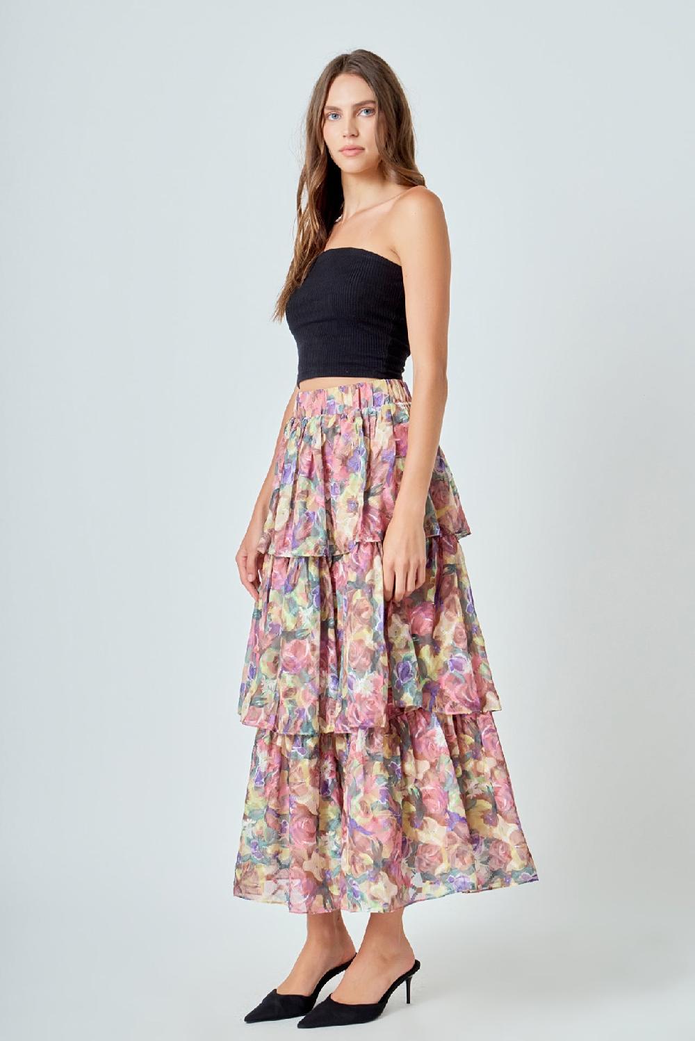 Endless Rose Floral Tiered Maxi Skirt YELLOW MULTI