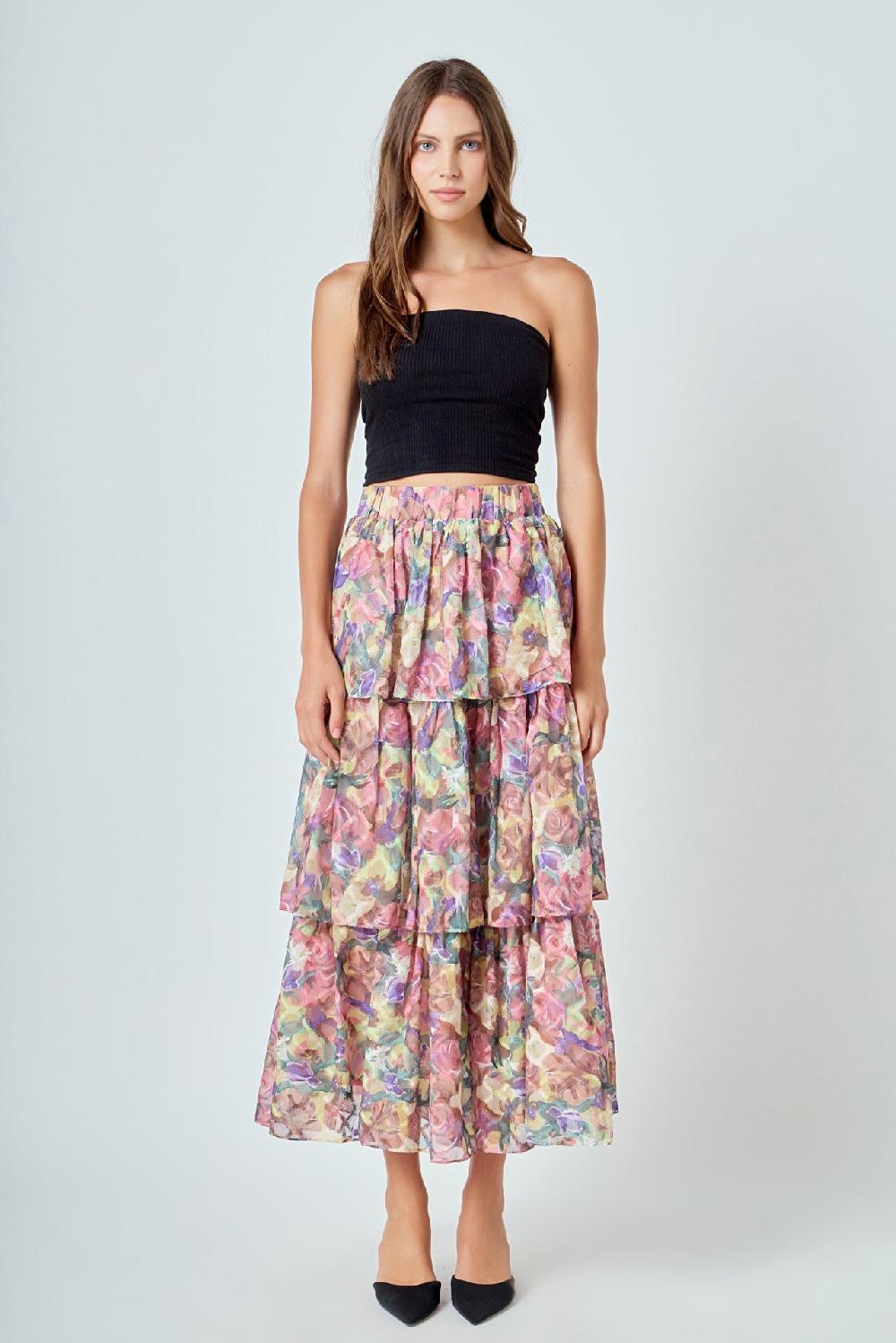 endless rose Floral Tiered Maxi Skirt YELLOW MULTI