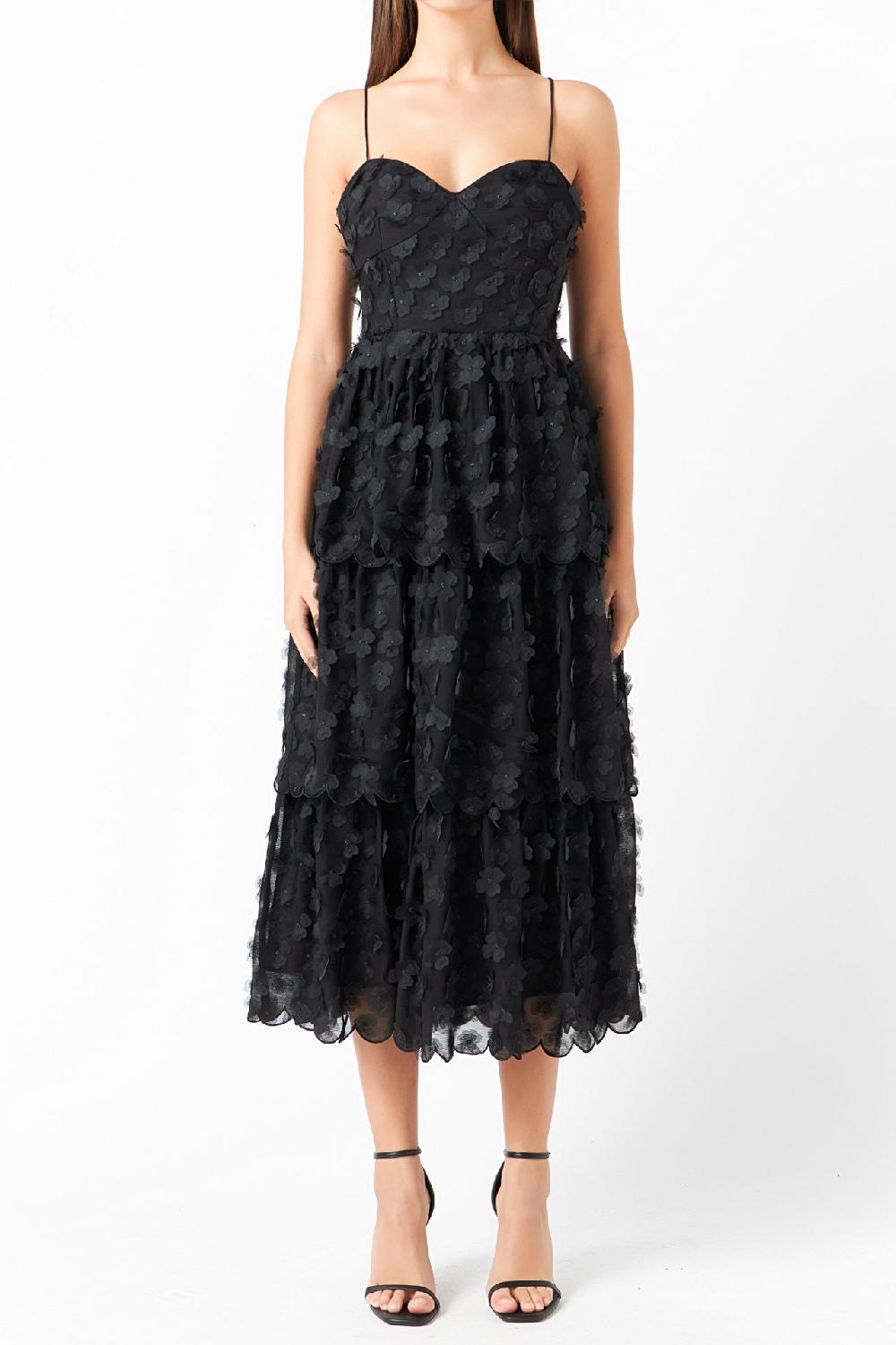 Endless Rose Floral Tiered Midi Dress BLACK