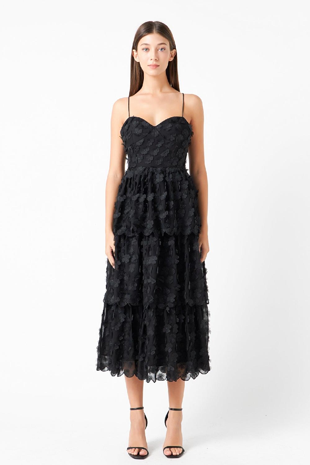 endless rose Floral Tiered Midi Dress BLACK